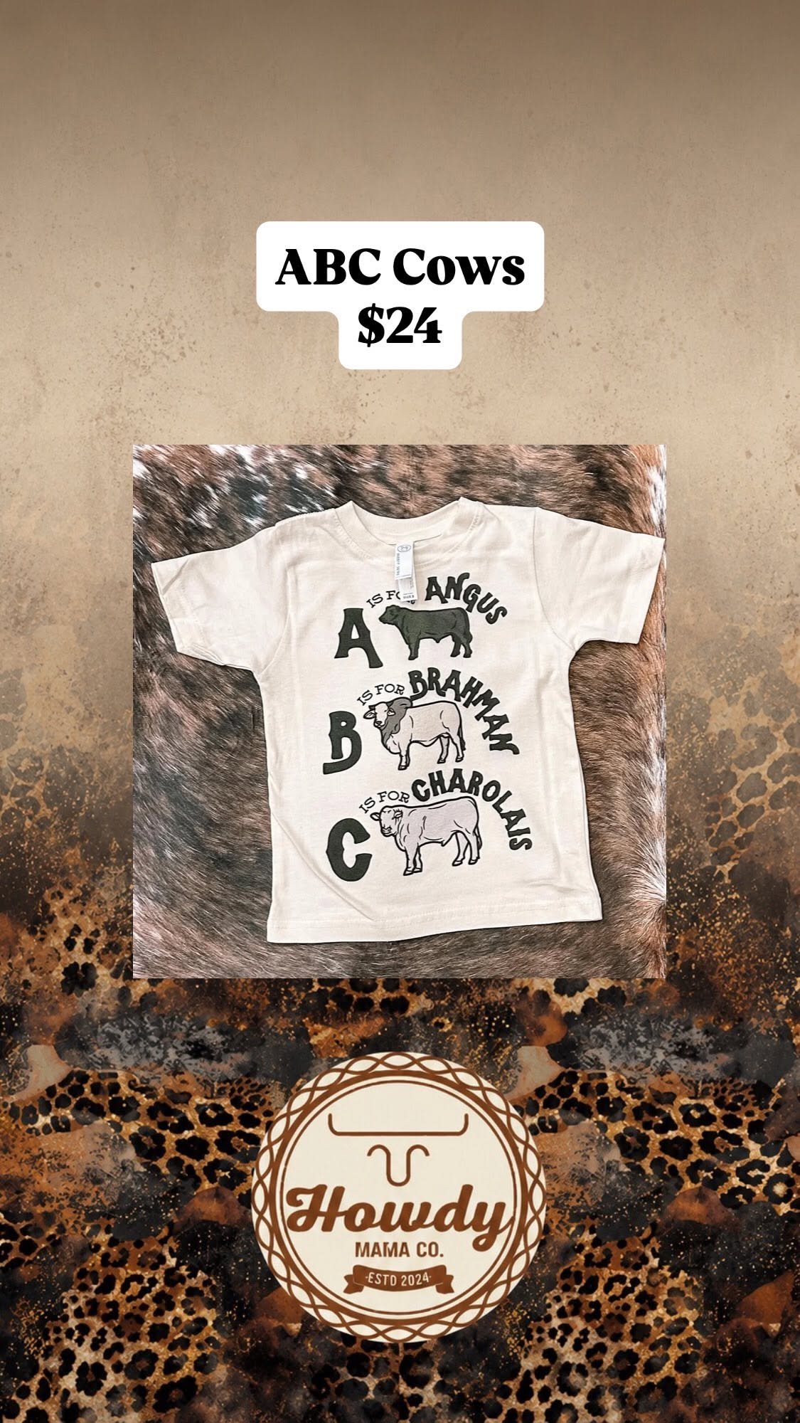 ABC Cows tee with Angus, Brahman, and Charolais cattle