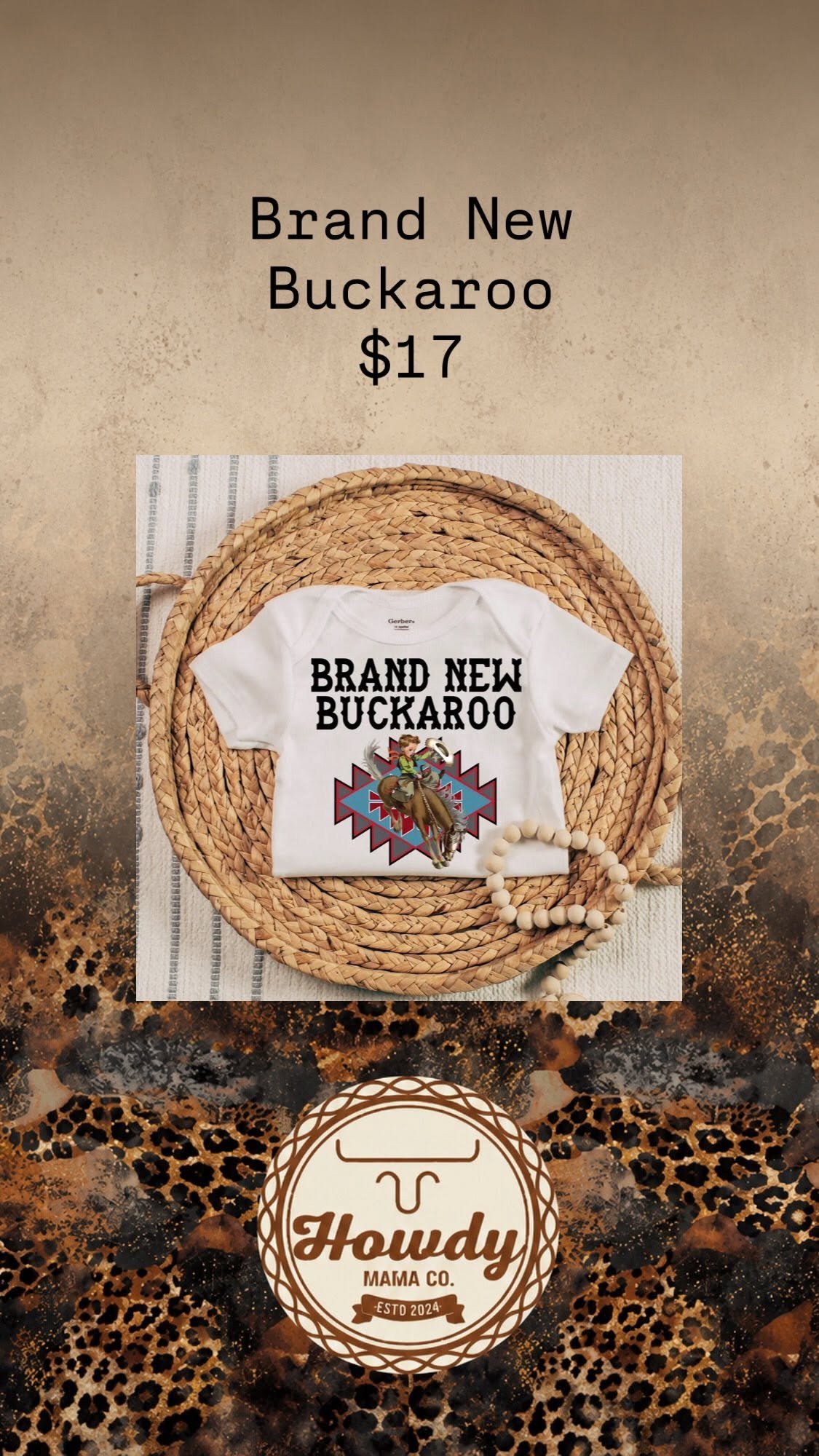 Brand New Buckaroo baby onesie on a rope backdrop
