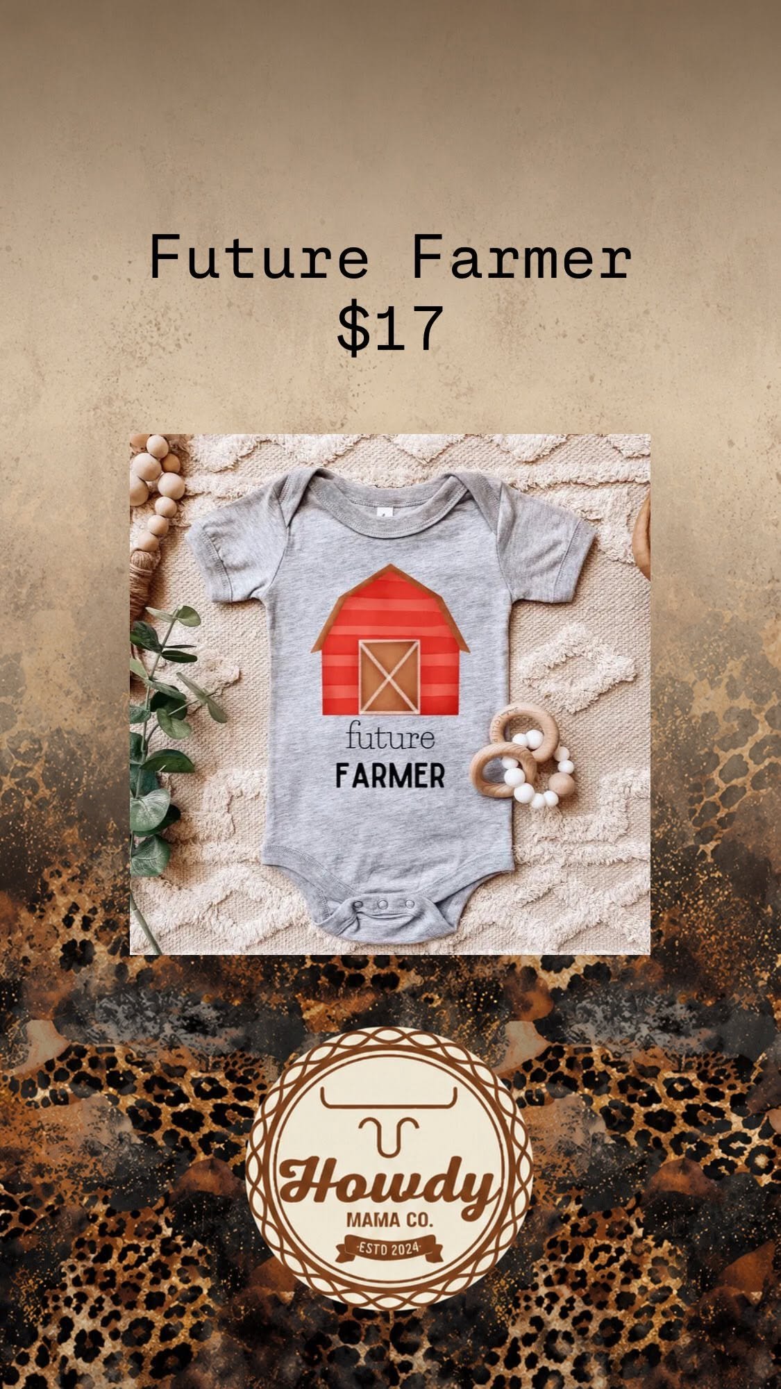 Future Farmer gray onesie with red barn
