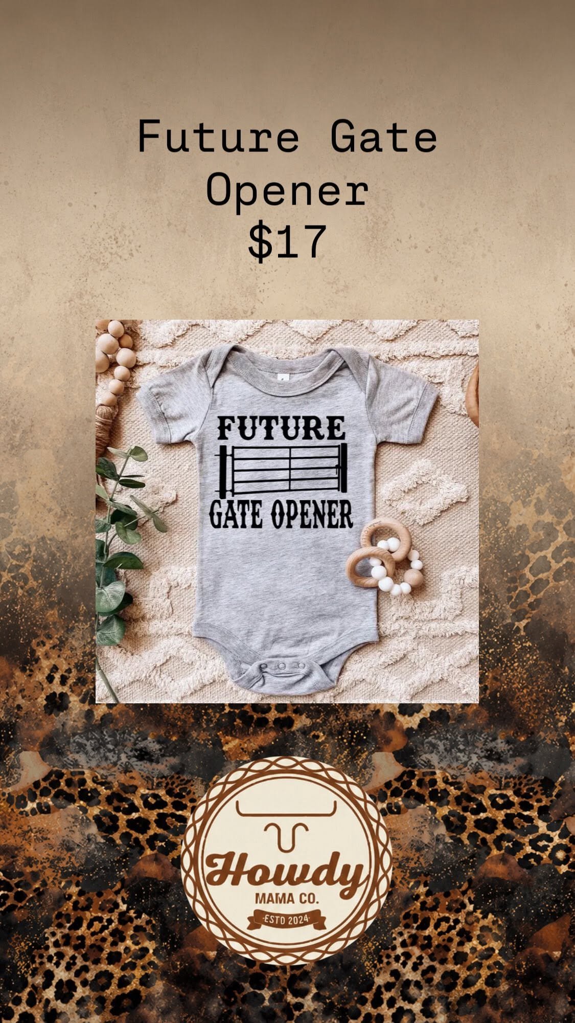 Future Gate Opener gray onesie with ranch gate