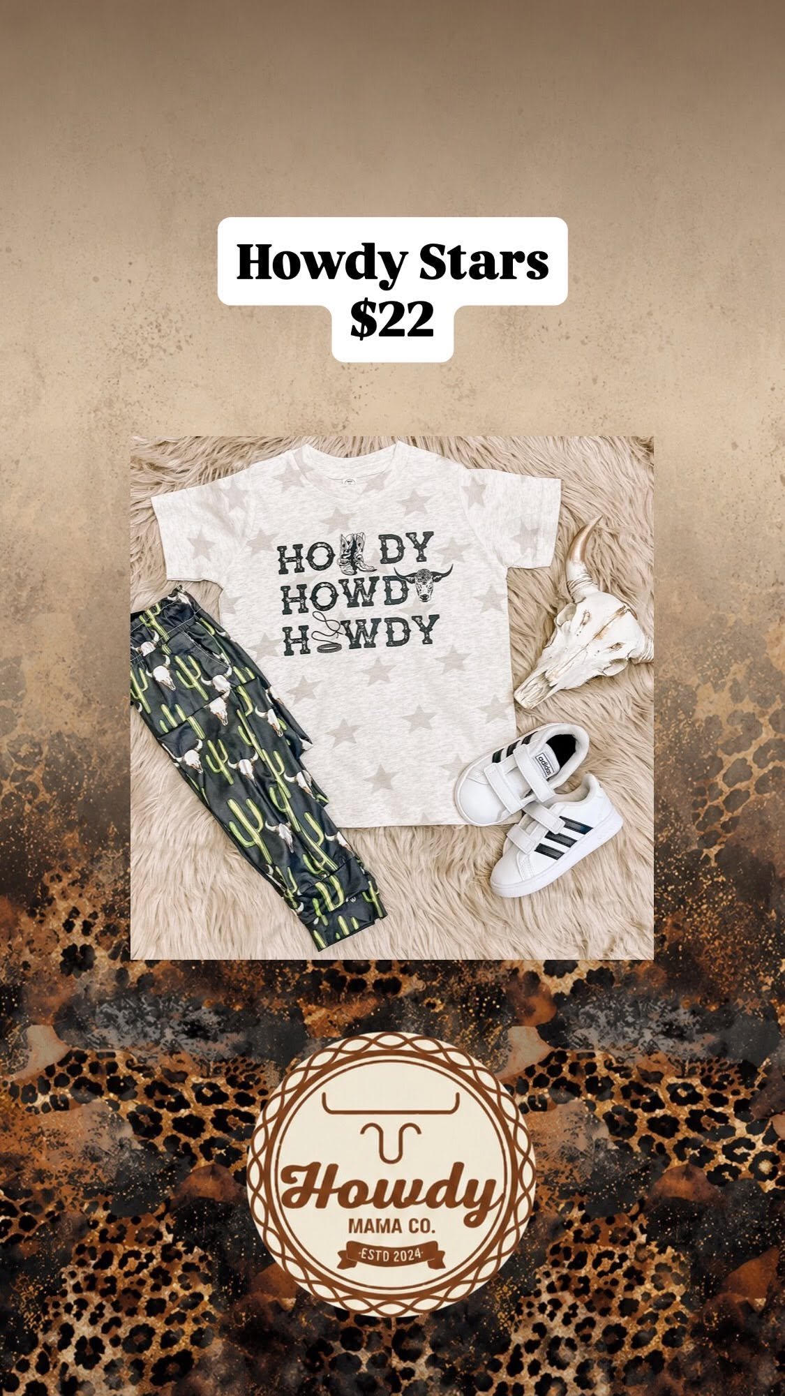 Howdy Stars kids tee with star print, styled with cactus joggers
